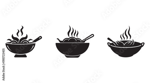 Three black silhouettes of steaming bowls with spoons  food icons  simple design elements  isolated on white background