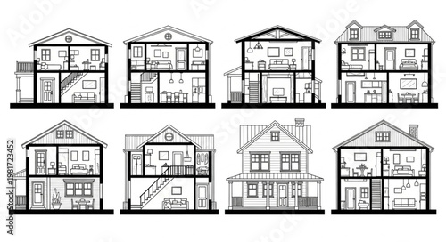 Tableau sur toile Architectural Cross Sections of Various Residential Houses.