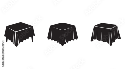 Three black tablecloths on square tables with different folds and draping styles shown from various angles on white background  table settings