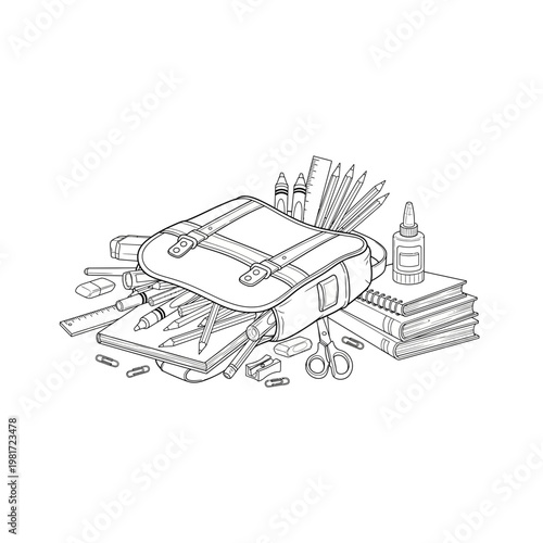 Line drawing of open tool bag or pouch with assortment of hand tools, equipment