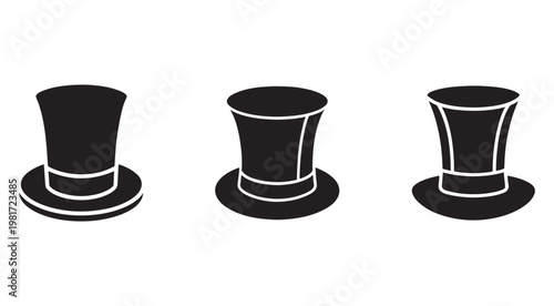 Three black top hats with white outlines in different angles  isolated on white background