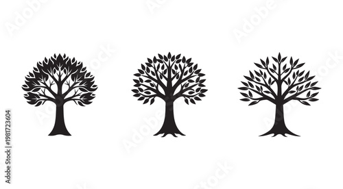 Three black tree silhouettes with leaves on white background  tree silhouettes  black trees