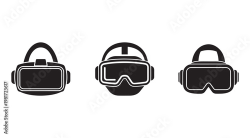 Three black virtual reality headsets with white outlines on transparent background for technology and gaming concepts  VR goggles and helmets
