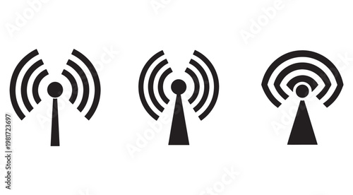 Three black wireless communication tower icons with signal waves  isolated on white background for technology and network concepts