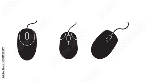 Three computer mice in different angles and positions on a white background for technology and computing concepts  office and workspace accessories