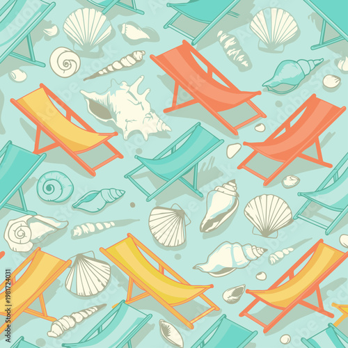 Beach loungers and seashells pattern for a coastal vacation background. Colorful beach loungers and various seashells repeated across a light teal backdrop.