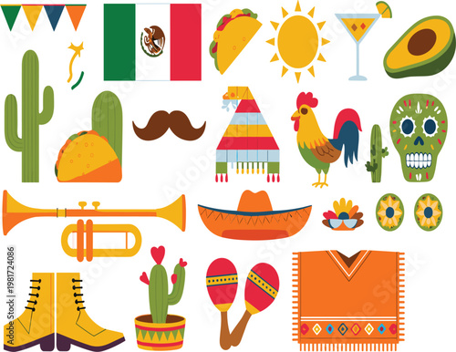 Mexican culture symbols set, colorful traditional objects with flag, taco, sombrero and cactus vector illustration