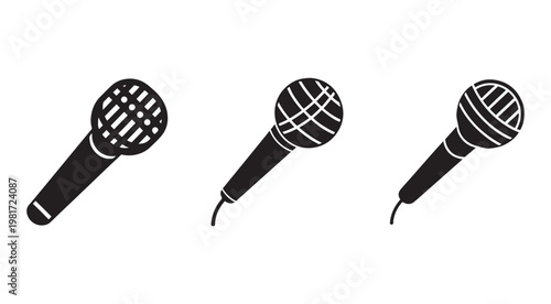 Three different microphones with various grill patterns  isolated on white background