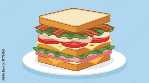 A delicious multi-layered sandwich complete with layers of bacon, lettuce, tomatoes, and different cheeses, presenting a delightful culinary creation on a white plate.