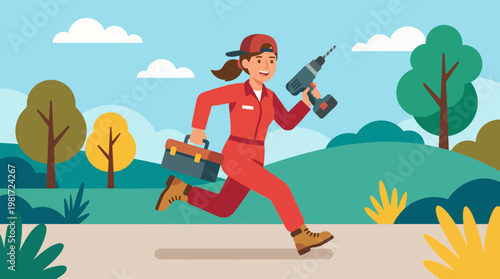 An energetic illustration of a woman running outdoors with tools in hand, symbolizing empowerment, strength, and determination in a vibrant natural setting.