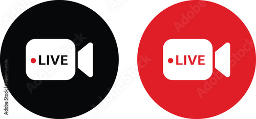 Live streaming icon set featuring red and black buttons with video camera symbols for online broadcasting. Digital labels represent real time video content. Online stream vector illustration design.