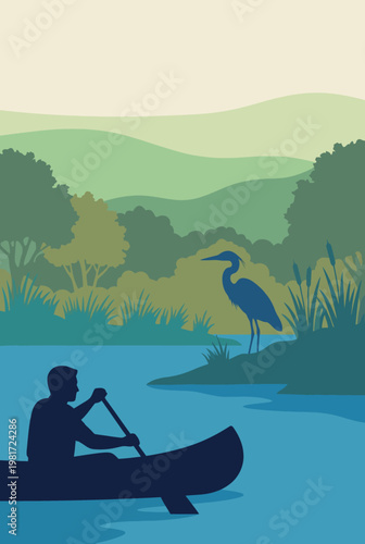 A serene illustration showing a canoeist paddling through tranquil waters, highlighted by lush greenery and a heron, symbolizing peace, nature, and outdoor adventures.