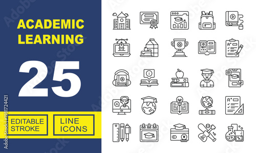 Academic Learning line icon set. Exclusive Academic Learning line icon collection. Containing School, Diploma, Dashboard, Backpack, Audiobook, Design, Lunch, Trophy, Notebook, Test. Editable stroke.