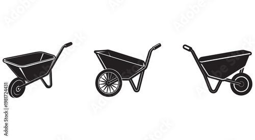 Three different views of wheelbarrows with one wheel on white background  construction and gardening tools