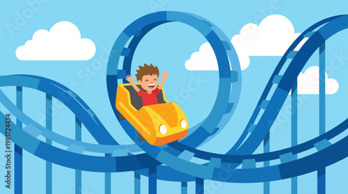The vibrant image shows a joyful child on a roller coaster, encapsulating the thrill and excitement of amusement parks and carefree childhood fun.