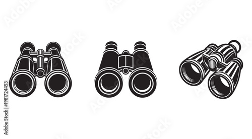 Three different views of binoculars for observation and exploration purposes  travel and wildlife watching tools