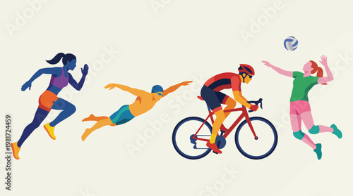 This image showcases a series of vibrant silhouettes engaging in various sports, emphasizing movement and athleticism through a fresh and energetic color palette.