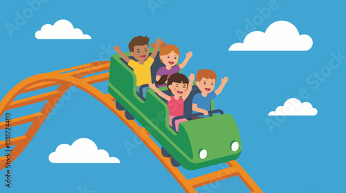 This vibrant illustration captures the thrill of a roller coaster ride with happy children, symbolizing fun, adventure, and excitement in amusement parks and leisure activities.