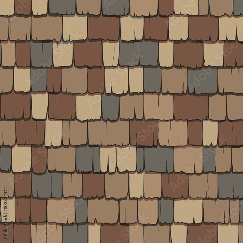 Wooden shingle roof pattern in various shades of brown, gray, and beige. Detailed illustration of a repeating pattern of overlapping shingles, exhibiting wood grain texture for a seamless background.