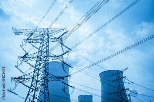 Wallpaper Mural High-Voltage Transmission Tower with Cooling Towers in Background Under Blue Sky Torontodigital.ca