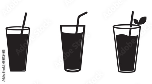 Three glasses with straws containing dark liquid  beverage icons  drink illustrations