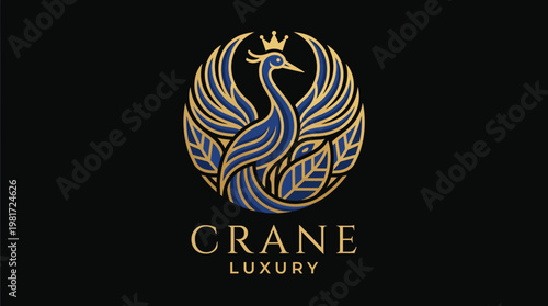 This logo features an elegant crane adorned with a crown, symbolizing luxury and sophistication, perfect for high-end brands in fashion or hospitality.