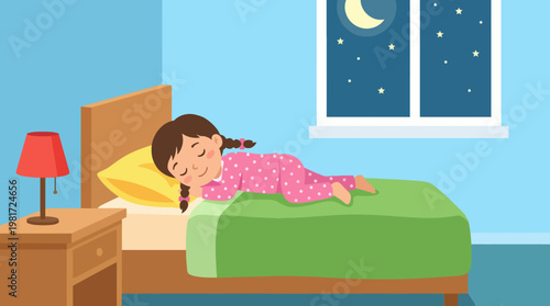 A serene illustration of a young girl peacefully sleeping in her cozy bedroom, depicting the essence of comfort, innocence, and tranquility, perfect for children’s themes.