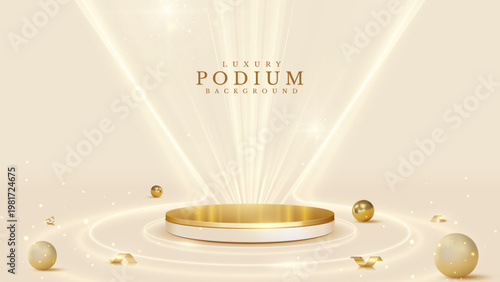 Luxury white background with 3d gold podium. Premium beauty product showcase, award ceremony empty cylinder stage. Glow sparkle particle highlighting blank pedestal template. Vector illustration.
