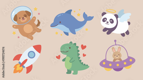 This cheerful illustration features a group of adorable cartoon animals in various playful poses, appealing to children and embodying fun and joy in a whimsical style.