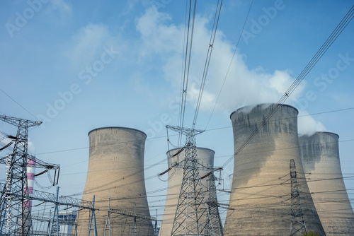 Wallpaper Mural Large Coal Power Plant with Multiple Cooling Towers and High-Voltage Transmission Lines Torontodigital.ca