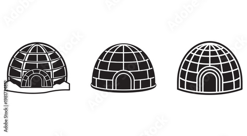 Three igloos with different door designs and snow base isolated on white background