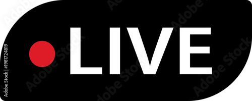 Live streaming icon with red recording dot for online broadcasting. Digital label represents real time video content. Vector graphic for social media stream design.