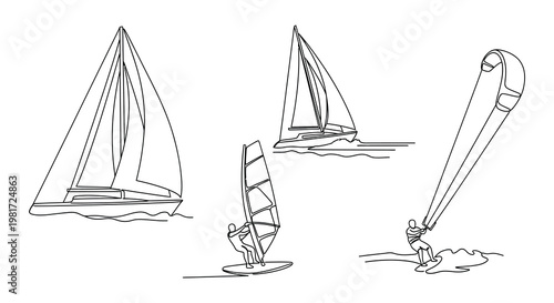 Line drawing depicting sailboats windsurfer and kitesurfer on water