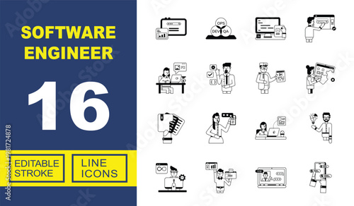 Exclusive Software Engineer line icon collection. Containing dashboard, devops, coding, interface, programmer, settings, deployment, framework, algorithm, smartphone. Editable stroke.