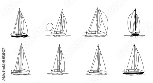 Line drawing depicting sailboats windsurfer and kitesurfer on water