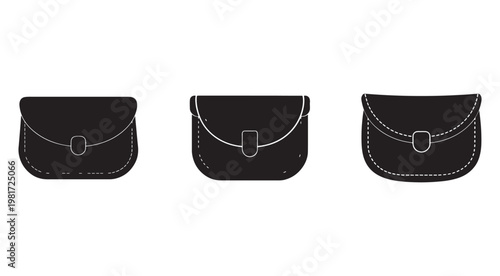 Three small black leather purses with white stitching and buckles  isolated on white background