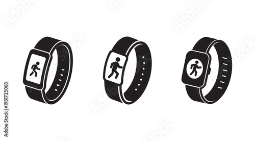 Three smart watches with running man icons on screens  fitness tracking devices
