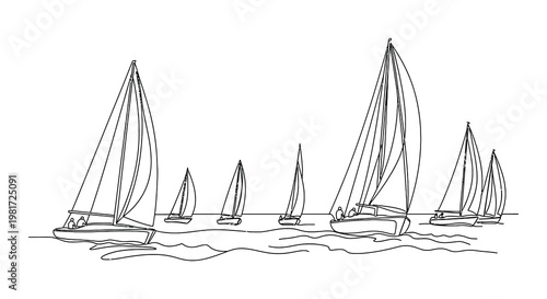 Line drawing depicting sailboats windsurfer and kitesurfer on water