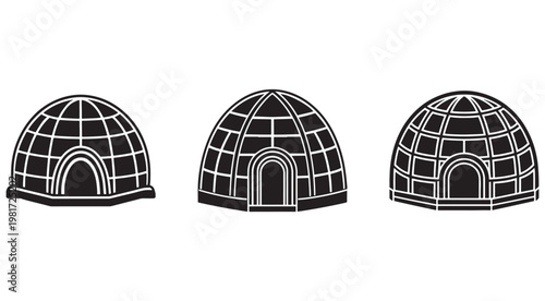 Three traditional igloo structures in black and white  isolated on white background  illustration of dome shaped snow houses