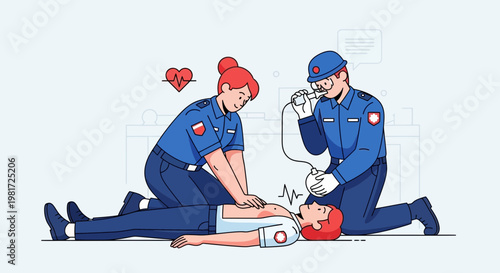 Paramedics performing CPR and defibrillation on unconscious person, emergency medical care illustration