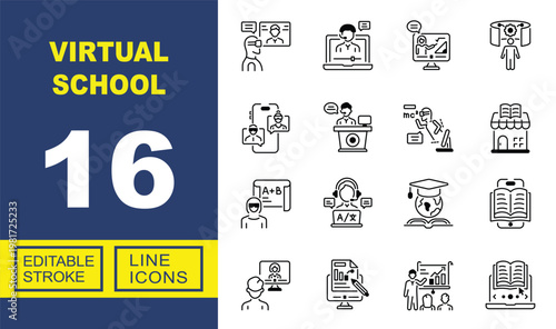 Virtual School set of web icons in line style. Containing Student, Laptop, Teacher, VR, Online, Classroom, Bookstore, Board, Globe, Graduation, Smartphone, Document, Presentation and Coding and more. 