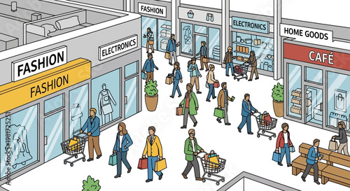Crowded Shopping Mall with Diverse People and Various Storefronts