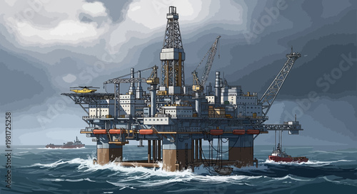 Offshore oil rig drilling platform in stormy sea with support vessels, industrial illustration