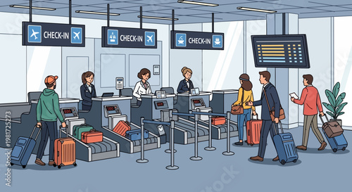 Airport check-in counter with passengers, luggage, and flight information display