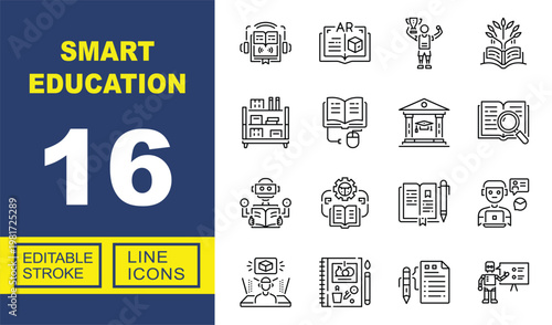 Smart Education line icon set. Exclusive Smart Education line icon collection. Containing Audiobook, Reality, Trophy, Knowledge, Bookshelf, E-learning, University, Research, Robot. Editable stroke.