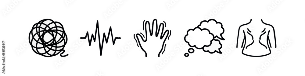 Fototapeta premium Abstract and Health Issues Line Icons Set - Tangled, Heartbeat, Shaky, Back Pain Outline