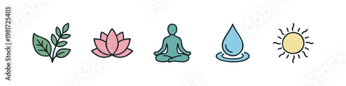Wellness and Nature Icons: Leaves, Lotus, Meditation, Water Drop, Sun