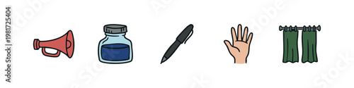 Communication and Art Icons: Megaphone, Inkwell, Pen, Hand, Curtains
