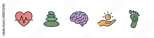 Health and Mind Icons: Heartbeat, Stacked Stones, Brain, Hand, Footprint
