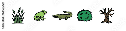 Wetland and Forest Icons: Cattails, Frog, Alligator, Bush, Dead Tree